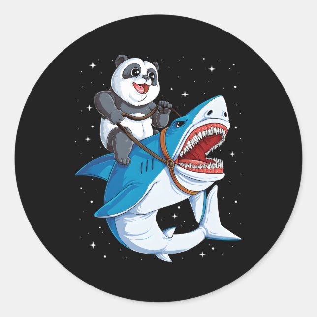 Pegatina Redonda Panda Riding Shark Space Galaxy Jawsome (Anverso)