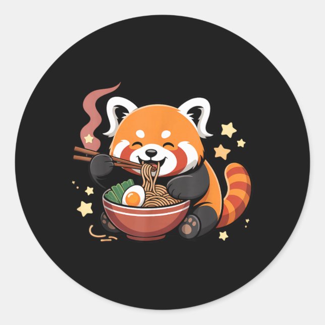 Pegatina Redonda Panda Rojo Comiendo Fideos Ramen (Anverso)