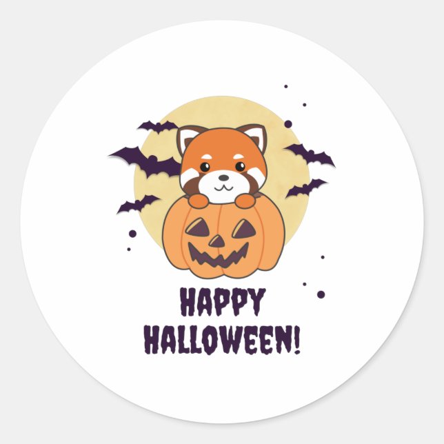 Pegatina Redonda Panda Rojo En Calabaza Cute Pandas Feliz Halloween (Anverso)