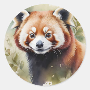 Pegatina Redonda Panda rojo frente a una delgada acuarela
