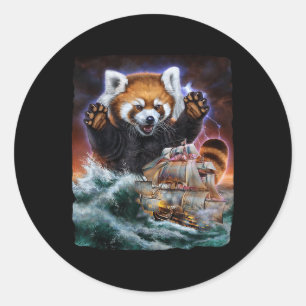 Pegatina Redonda Panda Rojo Monstruo Mientras Kraken Ataca Un Barco