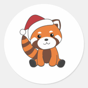 Pegatina Redonda Panda Rojo Navidades Nieve Animales De Invierno Pa