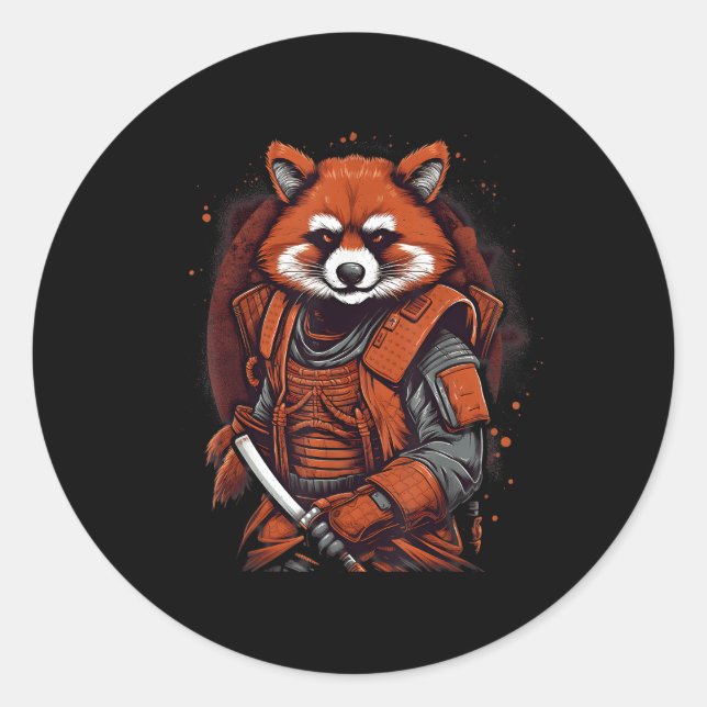 Pegatina Redonda Panda rojo samurai japonés (Anverso)