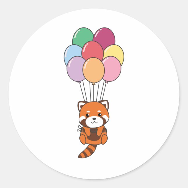 Pegatina Redonda Panda Rojo vuela Con Globos Coloridos (Anverso)