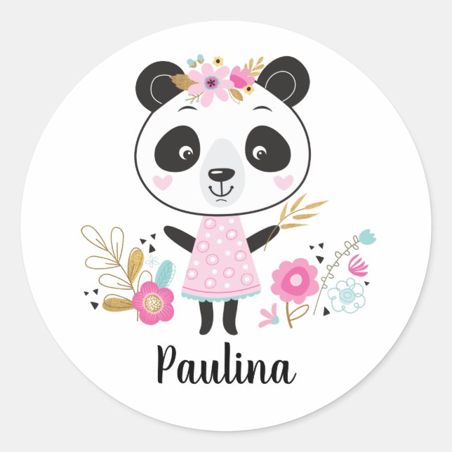 Pegatina Redonda Panda rosa Personalizado Adorable Girona (Anverso)