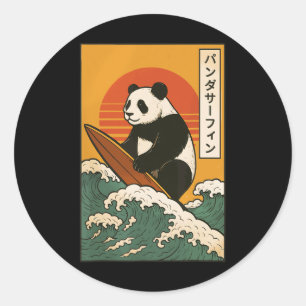 Pegatina Redonda Panda surfeando la ola japonesa Gran Ola _7