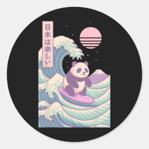 Pegatina Redonda Panda surfeando ola japonesa Japón