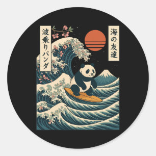 Pegatina Redonda Panda Surfing Ola Japonesa Gran Ola _3