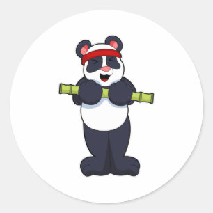 Pegatina Redonda Panda trabajando con peso de bambú