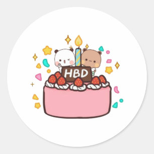 Pegatina Redonda Panda Y Brownie Bear Pareja, Feliz Cumpleaños