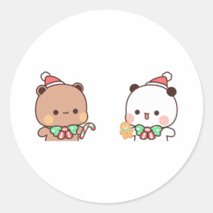 Pegatina Redonda Panda Y Brownie Bear Pareja, Feliz Navidad