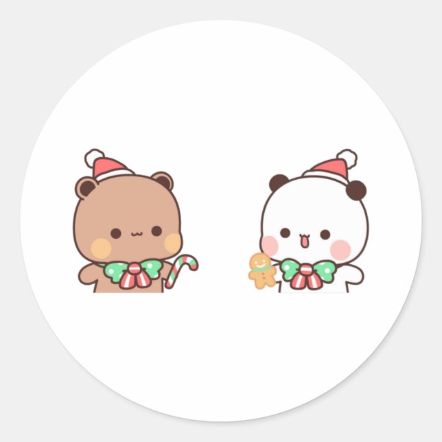 Pegatina Redonda Panda Y Brownie Bear Pareja, Feliz Navidad (Anverso)