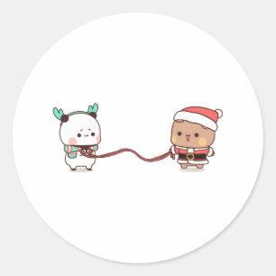 Pegatina Redonda Panda Y Brownie Bear Pareja, Feliz Navidad