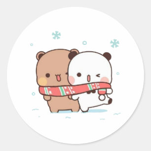 Pegatina Redonda Panda Y Brownie Bear Pareja, Feliz Navidad