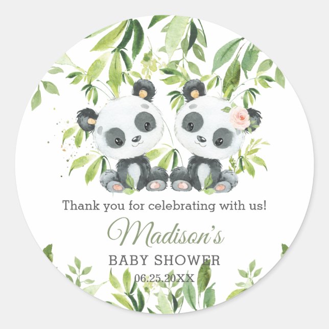 Pegatina Redonda Pandas Bamboo Greenery Twin Boy Chica Baby Shower (Anverso)
