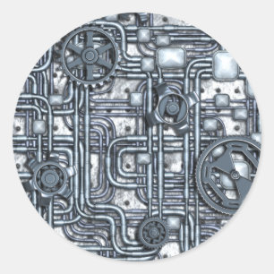 Pegatina Redonda Panel Steampunk - Engranajes y tubos - Acero