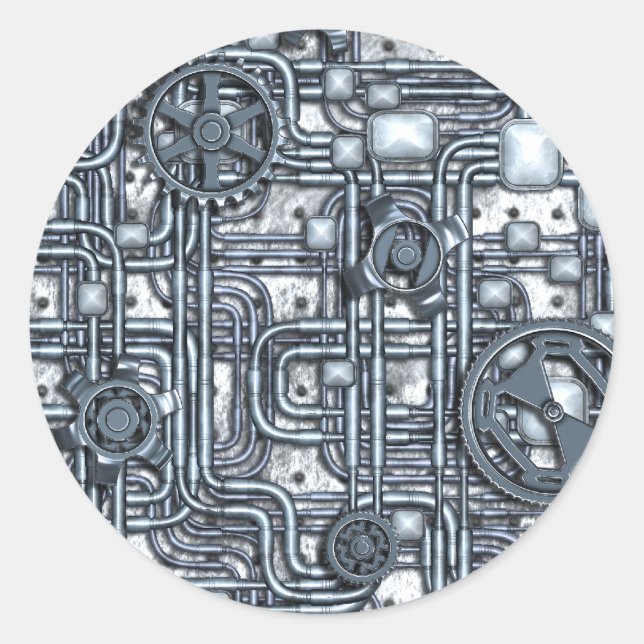 Pegatina Redonda Panel Steampunk - Engranajes y tubos - Acero (Anverso)