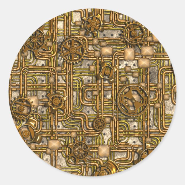 Pegatina Redonda Panel Steampunk - Gears and Pipes - Brass (Anverso)