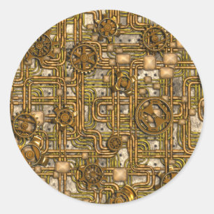 Pegatina Redonda Panel Steampunk - Gears and Pipes - Brass