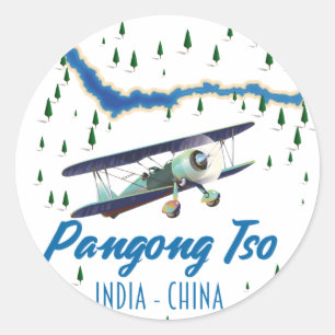 Pegatina Redonda Pangong Tso India China mapa póster.