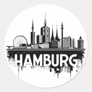 Pegatina Redonda Panorama urbano de Hamburgo, Alemania - Reflejo ur