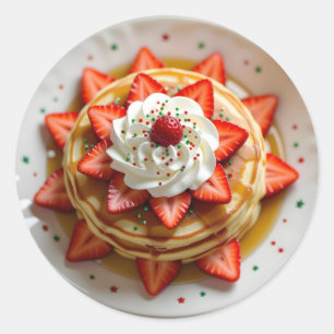 Pegatina Redonda Panqueques con Crema Batida y Purpurina de Navidad