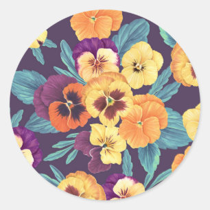 Pegatina Redonda Pansies en violeta de ciruela