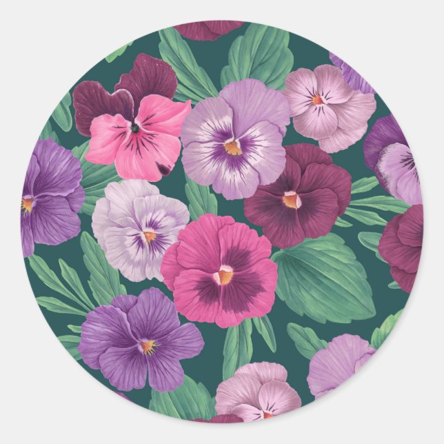 Pegatina Redonda Pansitas coloridas sobre azul verdoso oscuro (Anverso)