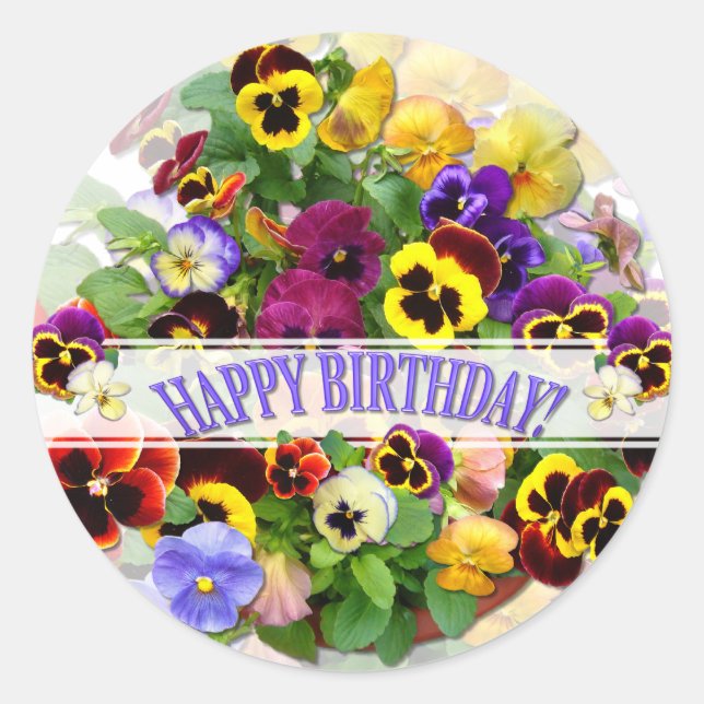 PEGATINA REDONDA PANSY BEAUTY CUMPLEAÑOS GREETING (Anverso)