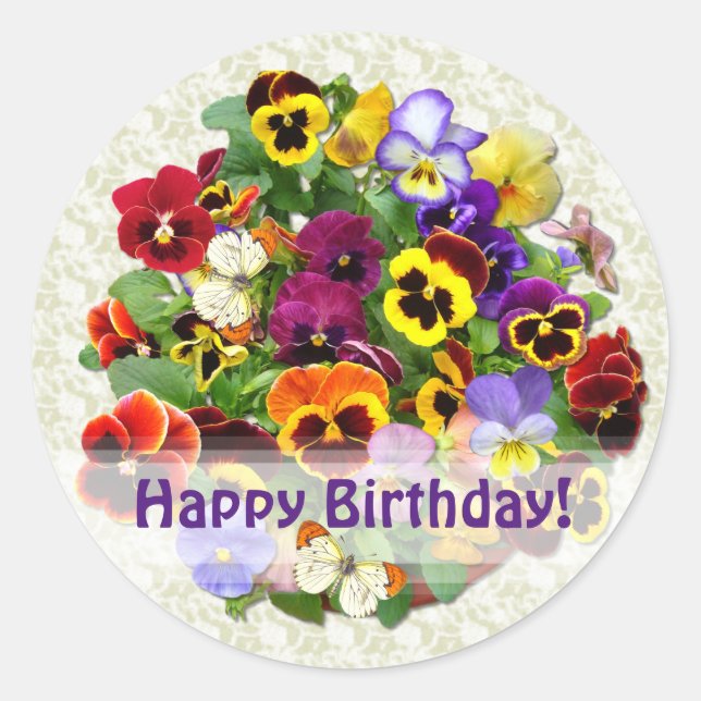 Pegatina Redonda Pansy Beauty Happy Birday (Anverso)
