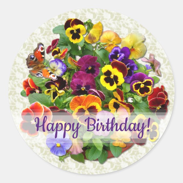 Pegatina Redonda Pansy Beauty Happy Birday Personalizado Textos (Anverso)