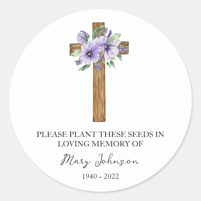 Pegatina Redonda Pansy Cross Memorial Funeral Seed Packet (Anverso)