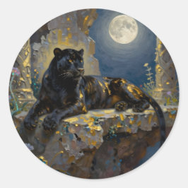Pegatina Redonda Pantera Negra bajo la Luna Llena