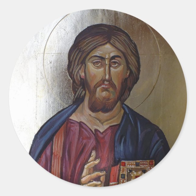 Pegatina Redonda Pantocrator de Cristo - Icono de estilo bizantino (Anverso)