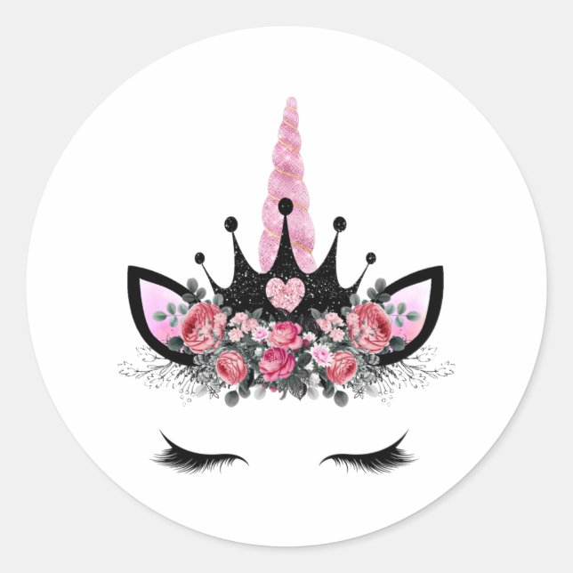 Pegatina Redonda Pañuelas unicornio, Flor acuarela, cuerno Purpurin (Anverso)