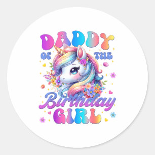 Pegatina Redonda Papa de la Cumpleañera Unicornio Flor Familia M