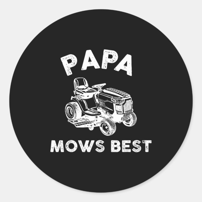 Pegatina Redonda Papa Mows Funny Lawn Mower Father's Day Grandpa  (Anverso)