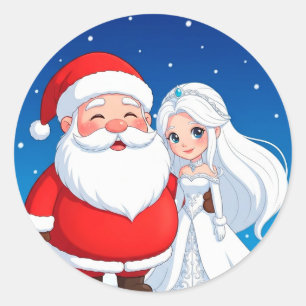 Pegatina Redonda Papá Noel abrazando a una Reina de Nieve