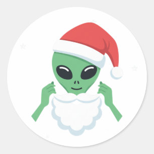 Pegatina Redonda Papá Noel Alien Divertido Navidad OVNI Fiesta