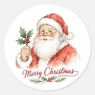 Pegatina Redonda Papá Noel con acebo en acuarela