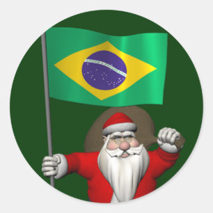 Pegatina Redonda Papá Noel Con Estandarte De Brasil
