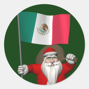 Pegatina Redonda Papá Noel con Estandarte de México