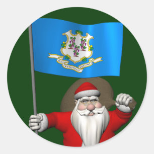 Pegatina Redonda Papá Noel con la bandera de Connecticut