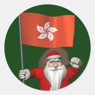 Pegatina Redonda Papá Noel con la enseña de Hong Kong