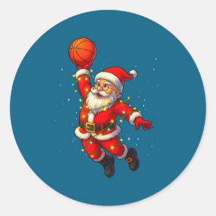 Pegatina Redonda Papá Noel de Navidad encestando baloncesto