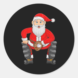 Pegatina Redonda Papá Noel de Navidad jugando béisbol catcher camis