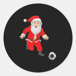 Pegatina Redonda Papá Noel de Navidad jugando fútbol Soccer Navidad