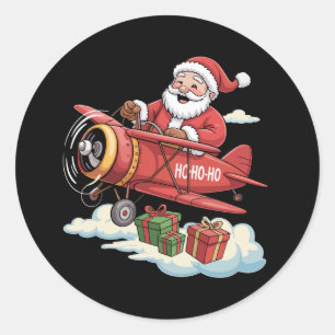 Pegatina Redonda Papá Noel de Navidad Piloto Volando Avión Regalo