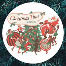 Pegatina Redonda Papá Noel de Navidad y niños bailando