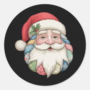 Pegatina Redonda Papá Noel de patchwork Navidad Xmas Fiesta Familia